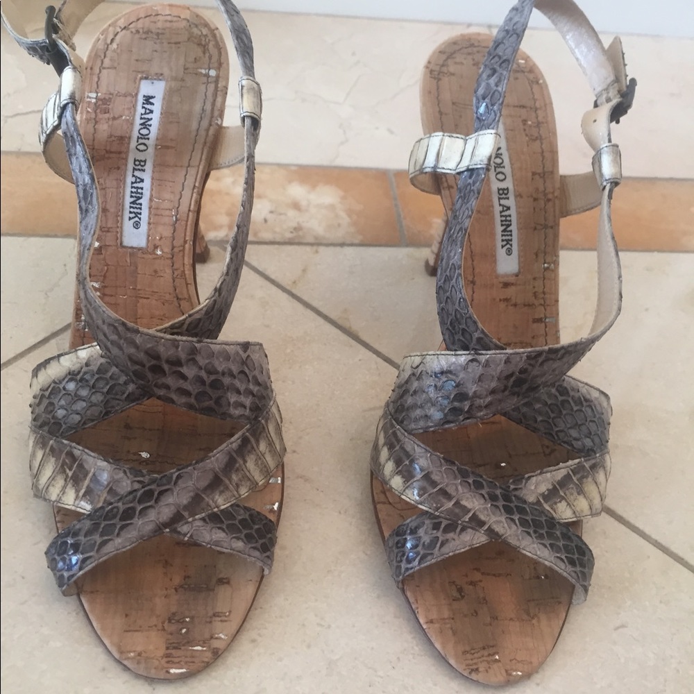 Manolo Blahnik Snake Skin Leather Strap Sandel Cork Heel Criss Cross Size 8